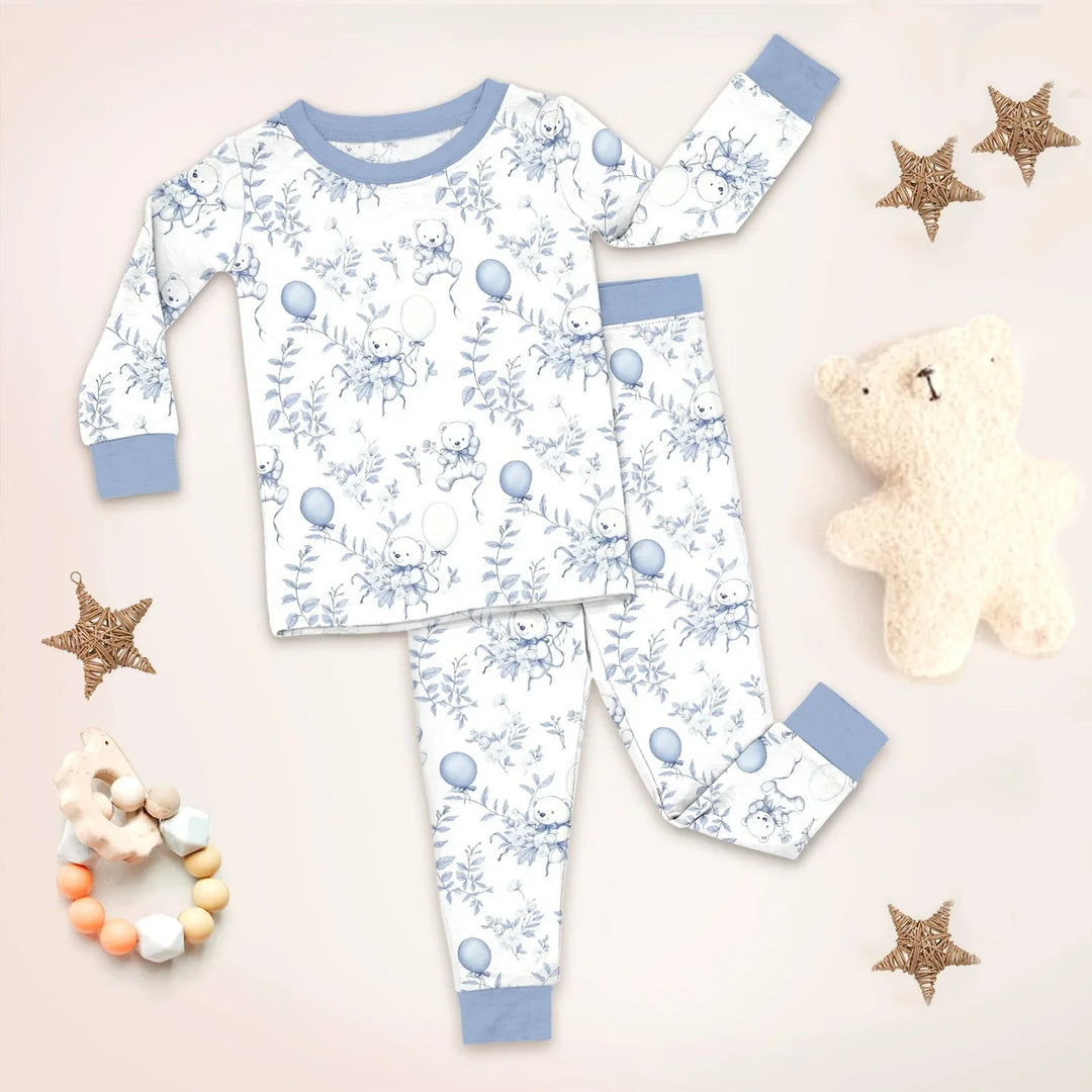 Blue Bear Toile de jouy Two Piece Long Sleeve Pajama Set - Zumbamboo