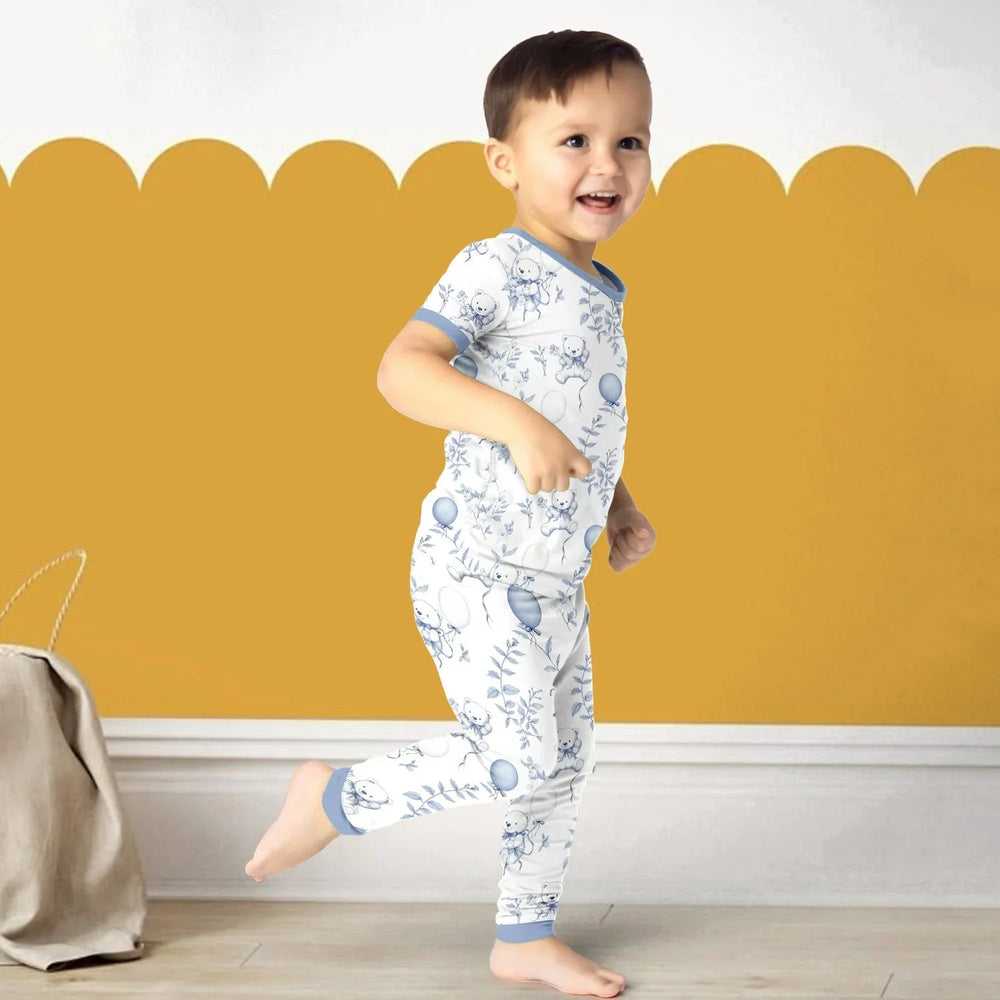 Blue Bear Toile de jouy Two Piece Short Sleeve Pajama Set - Zumbamboo