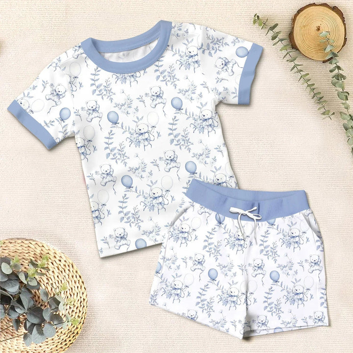 Blue Bear Toile de jouy Two Piece Short Sleeve Shorts Pajama Set - Zumbamboo