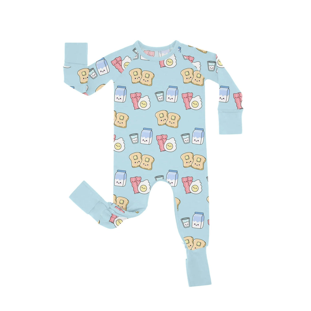 Blue Breakfast Buddies Crescent Zippered Romper - Zumbamboo