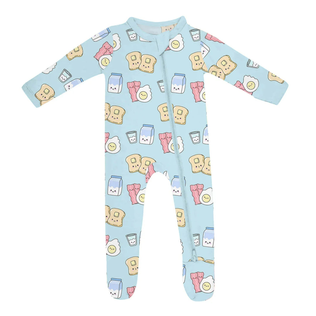 Blue Breakfast Buddies Zippered Footie Romper - Zumbamboo