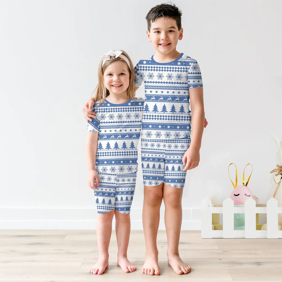 Blue Fair Isle Two Piece Short Sleeve Shorts Pajama Set - Zumbamboo
