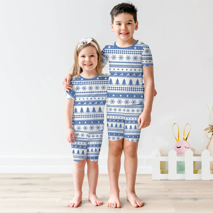 Blue Fair Isle Two Piece Short Sleeve Shorts Pajama Set - Zumbamboo
