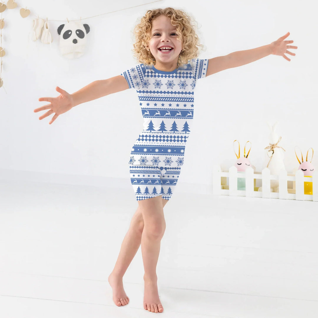 Blue Fair Isle Two Piece Short Sleeve Shorts Pajama Set - Zumbamboo