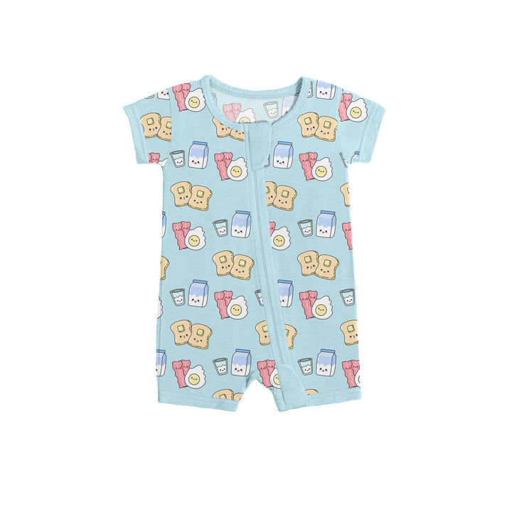 Blue Breakfast Buddies Shorty Zippered Romper