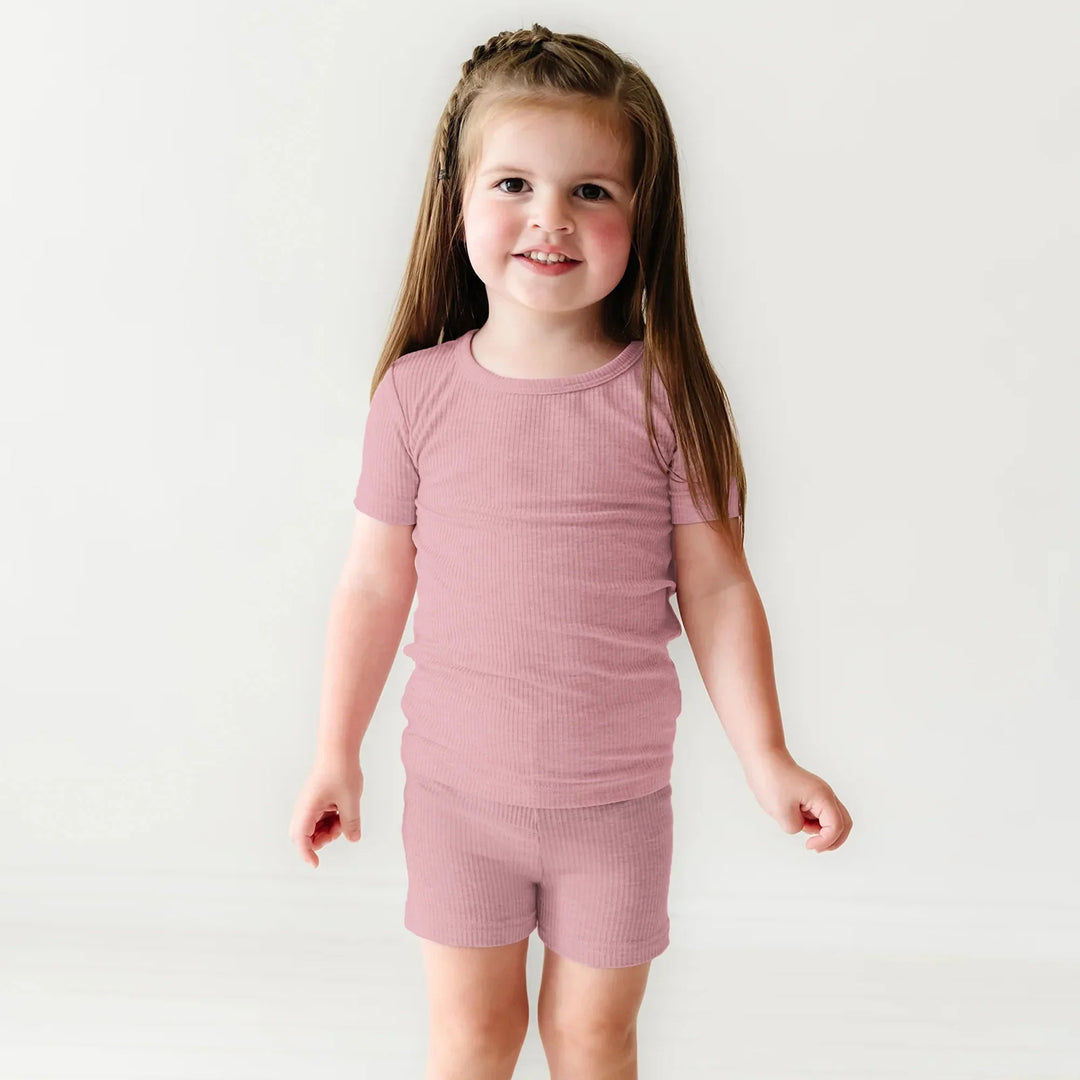 Blush Petal Ribbed Two Piece Short Sleeve Shorts Pajama Set - Zumbamboo