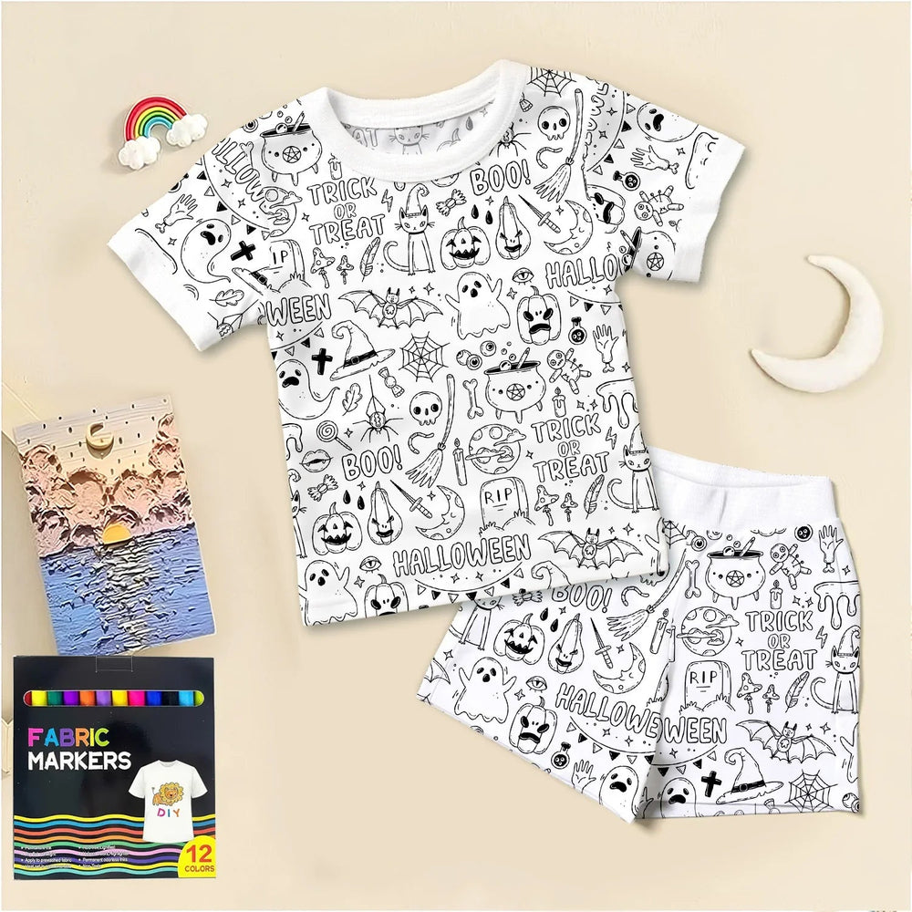 Boo! Colorable Halloween Two Piece Short Sleeve Shorts Pajama Set - Zumbamboo