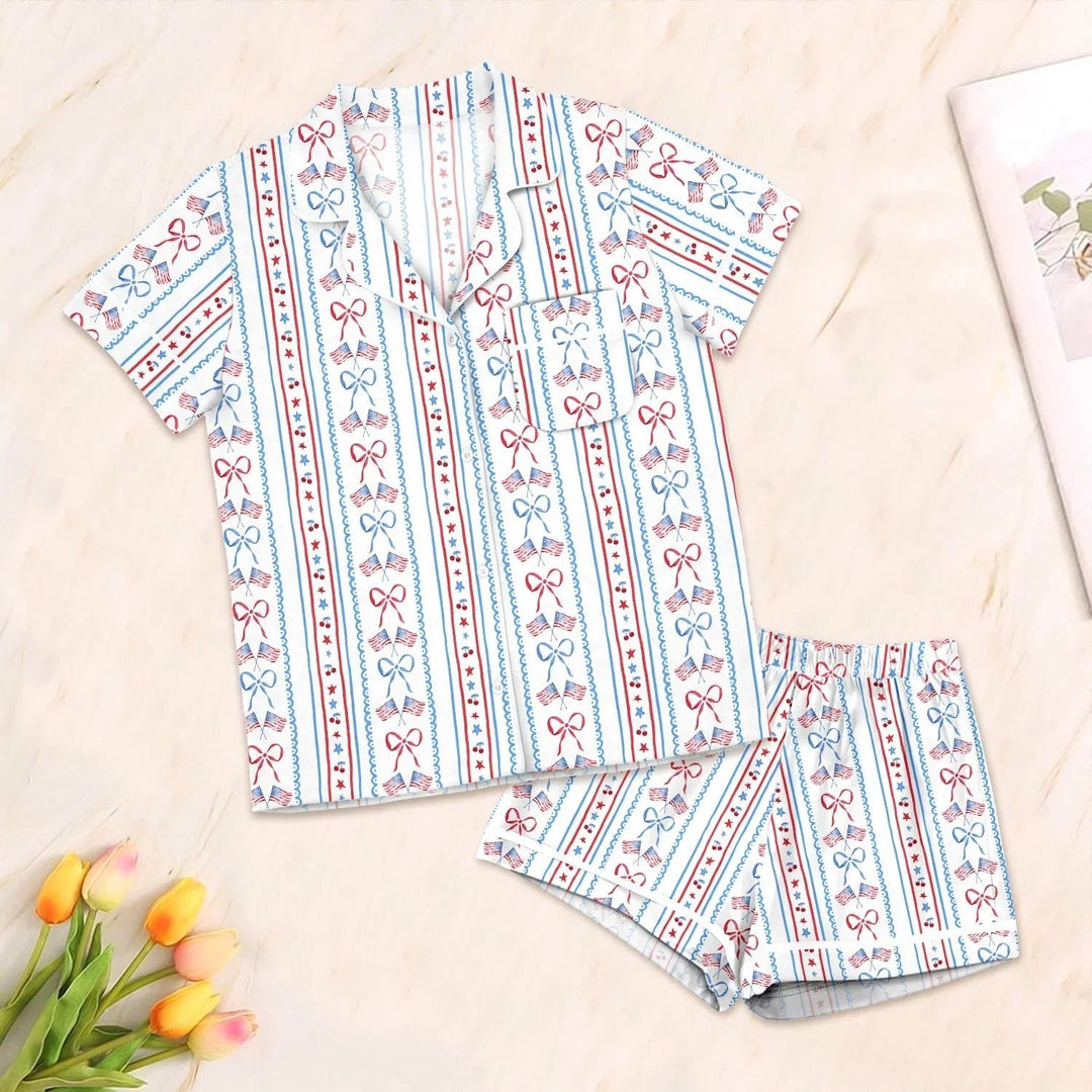 Bow and Flag Button Down Two Piece Short Sleeve Shorts Pajama Set , Bow and Flag Button Down Two Piece Short Sleeve Shorts Pajama Set - 3XS