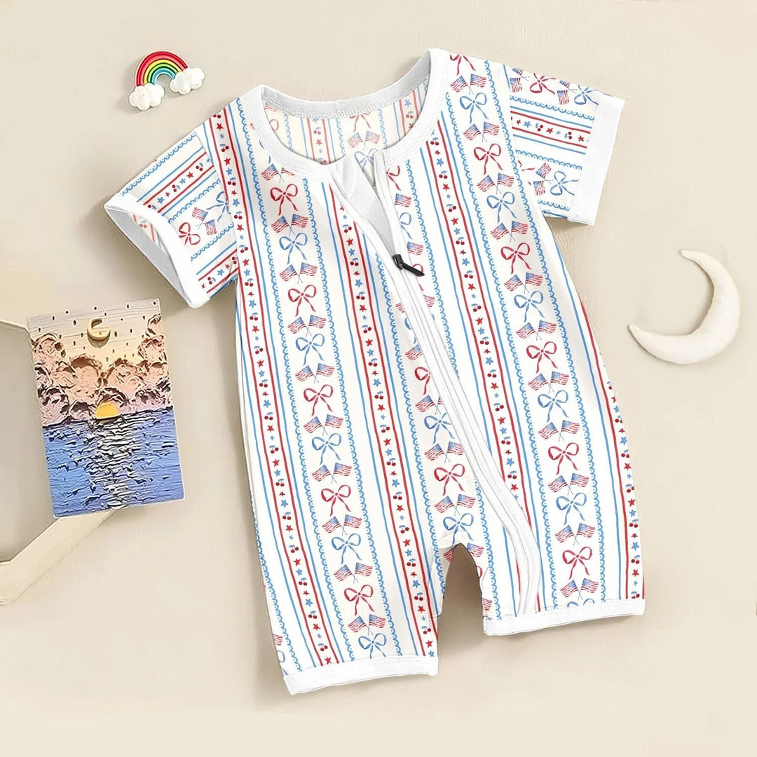 Bow and Flag Shorty Zippered Romper - Zumbamboo