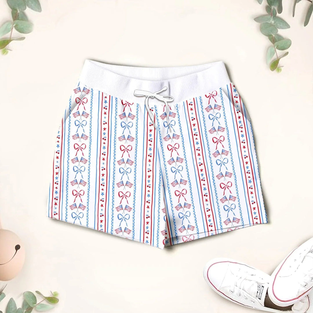 Bow and Flag Two Piece Short Sleeve Shorts Pajama Set - Zumbamboo