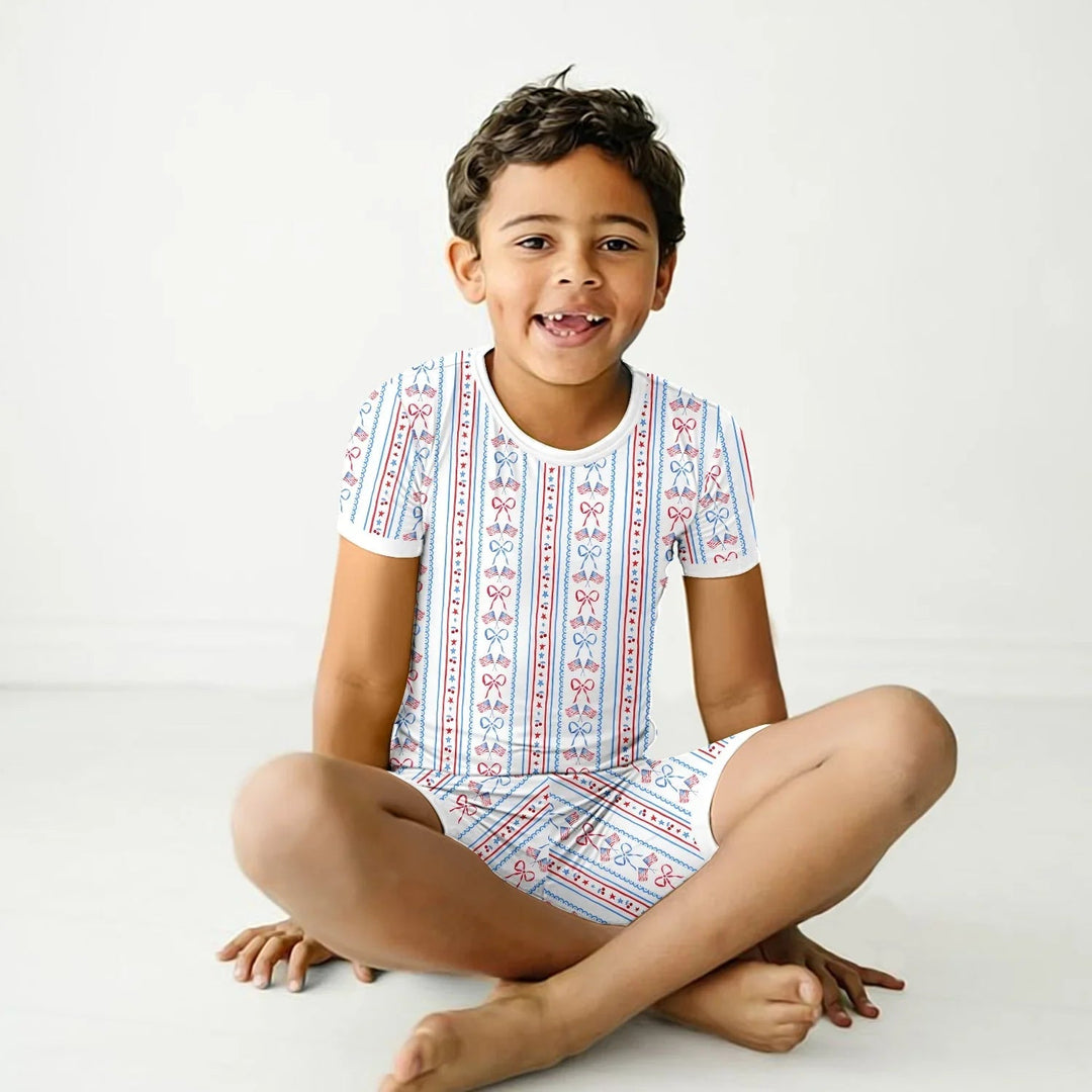 Bow and Flag Two Piece Short Sleeve Shorts Pajama Set - Zumbamboo