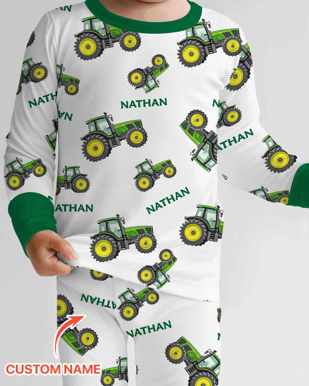 Conjunto de pijama de dos piezas de bambú de manga larga para papá y yo con tractores verdes y nombre personalizado