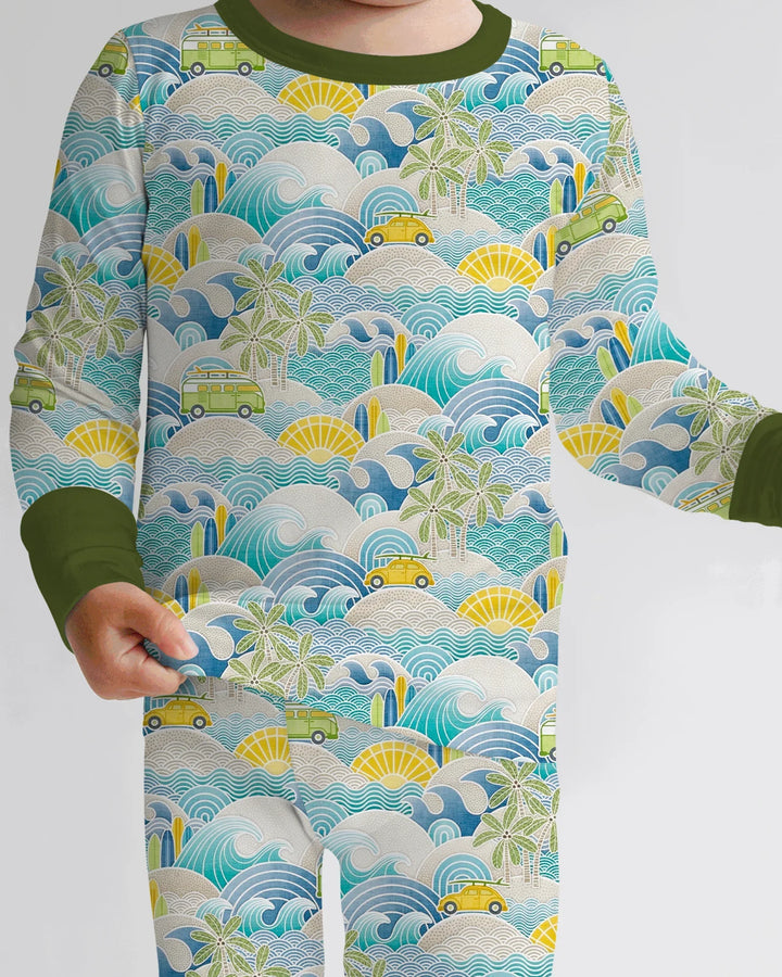 Conjunto de pijama de dos piezas de manga larga de bambú con olas y olas para viaje por la costa