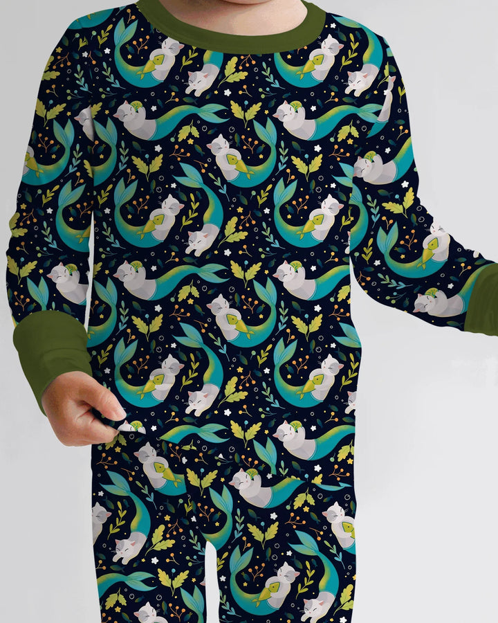 Pijama de dos piezas de bambú de manga larga Midnight Mermaid Cats