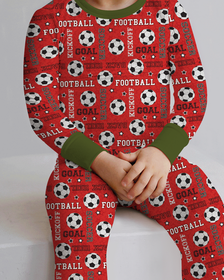 Red Soccer Ball Bamboo Two Piece Long Sleeve Pajama Set