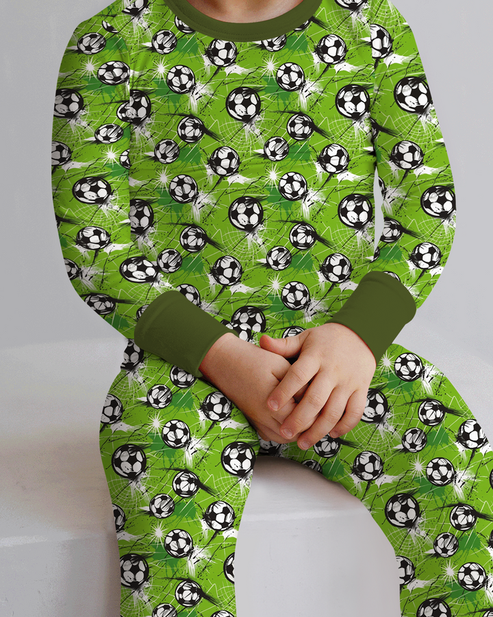 Green Soccer Energy Bamboo Two Piece Long Sleeve Pajama Set