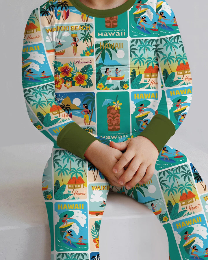 Aloha Postcard Paradise Bamboo Two Piece Long Sleeve Pajama Set
