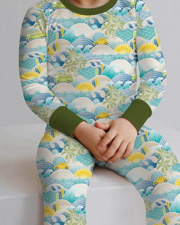 Conjunto de pijama de dos piezas de manga larga de bambú con olas y olas para viaje por la costa