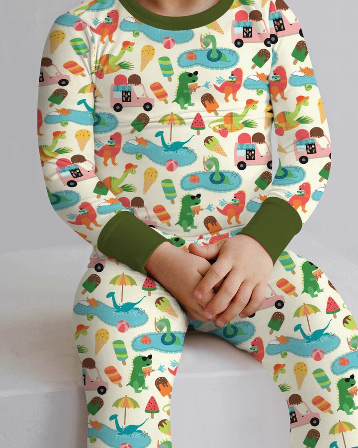 Conjunto de Pijama de Dos Piezas de Bambú de Manga Larga Dino Summer Splash