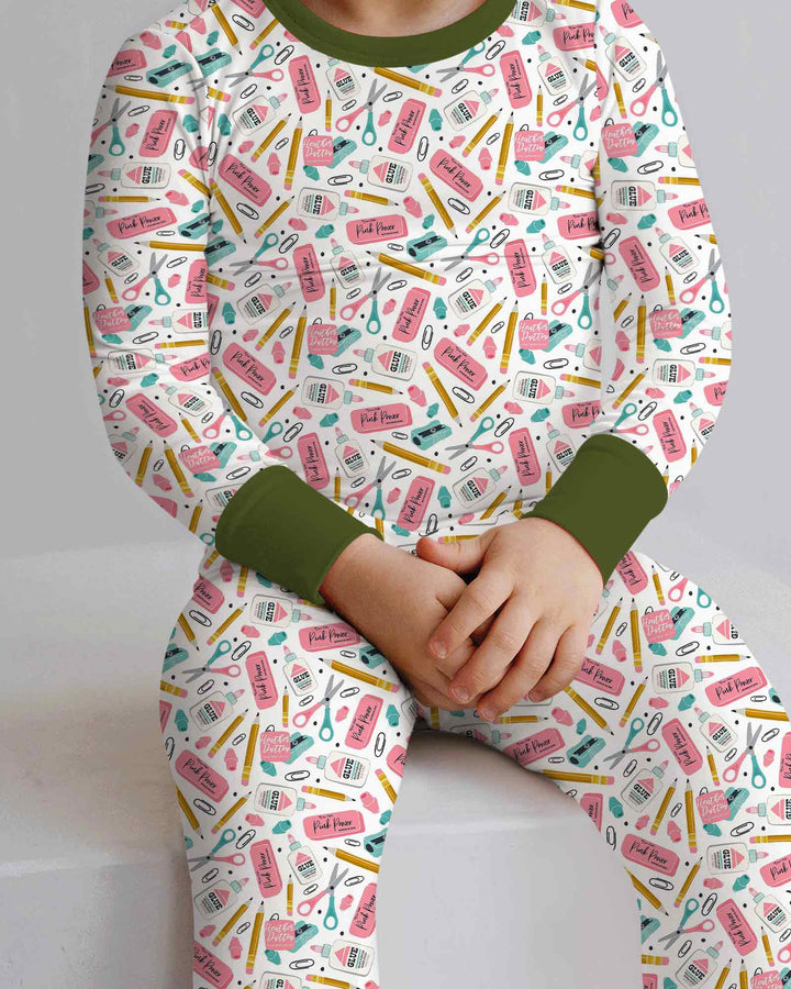 Pink Power School Supplies Bamboo Two Piece Long Sleeve Pajama Set