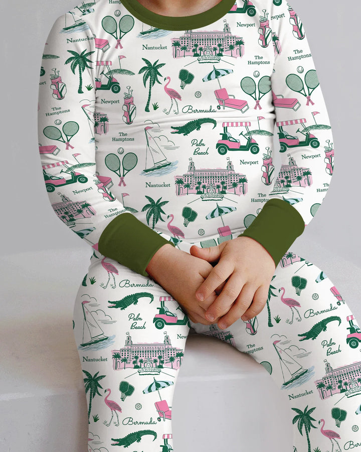 Conjunto de pijama de dos piezas de bambú de manga larga estilo Preppy Palm Getaway