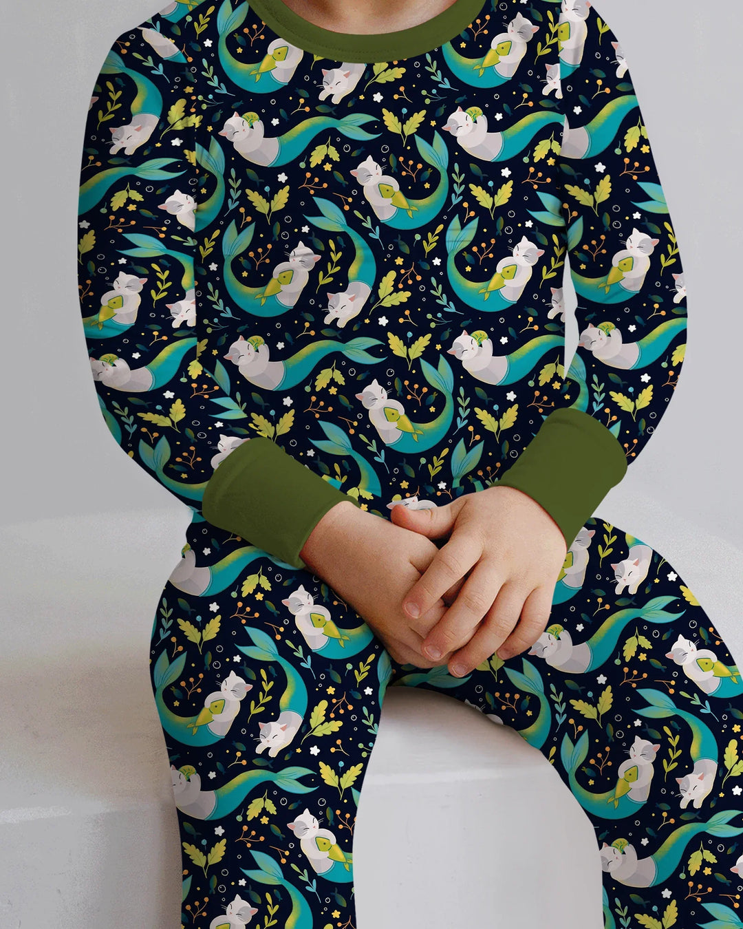 Pijama de dos piezas de bambú de manga larga Midnight Mermaid Cats