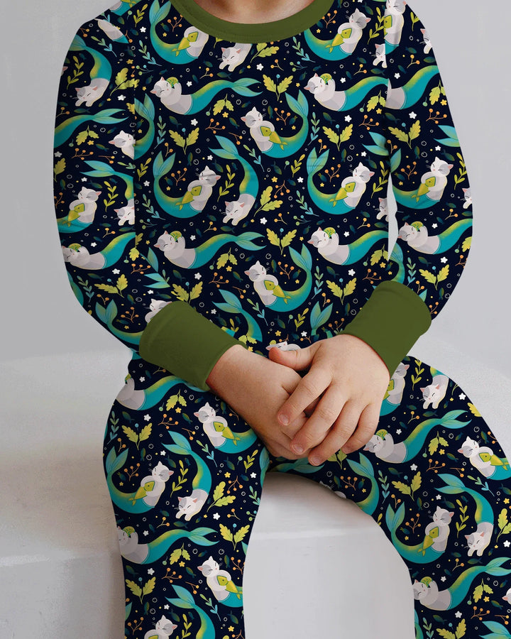 Pijama de dos piezas de bambú de manga larga Midnight Mermaid Cats