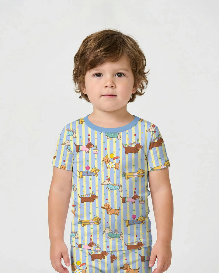 Custom Name Birthday Dachshund Bamboo Two Piece Short Sleeve Shorts Pajama Set