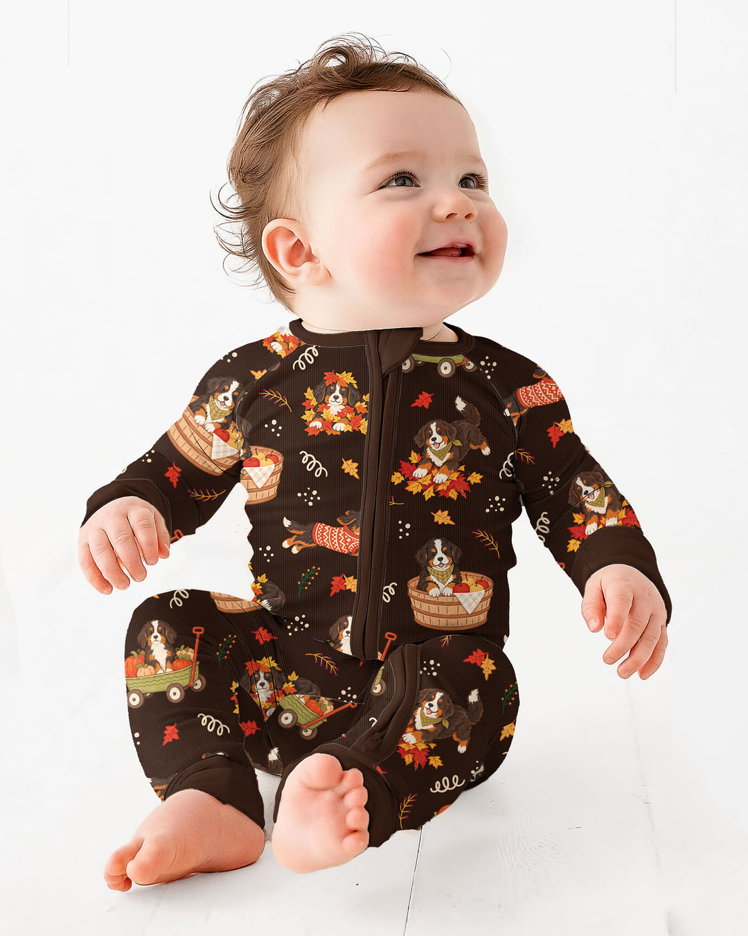 Fall Dogs Playing in Leaves Bamboo Two Piece Long Sleeve Pajama Set