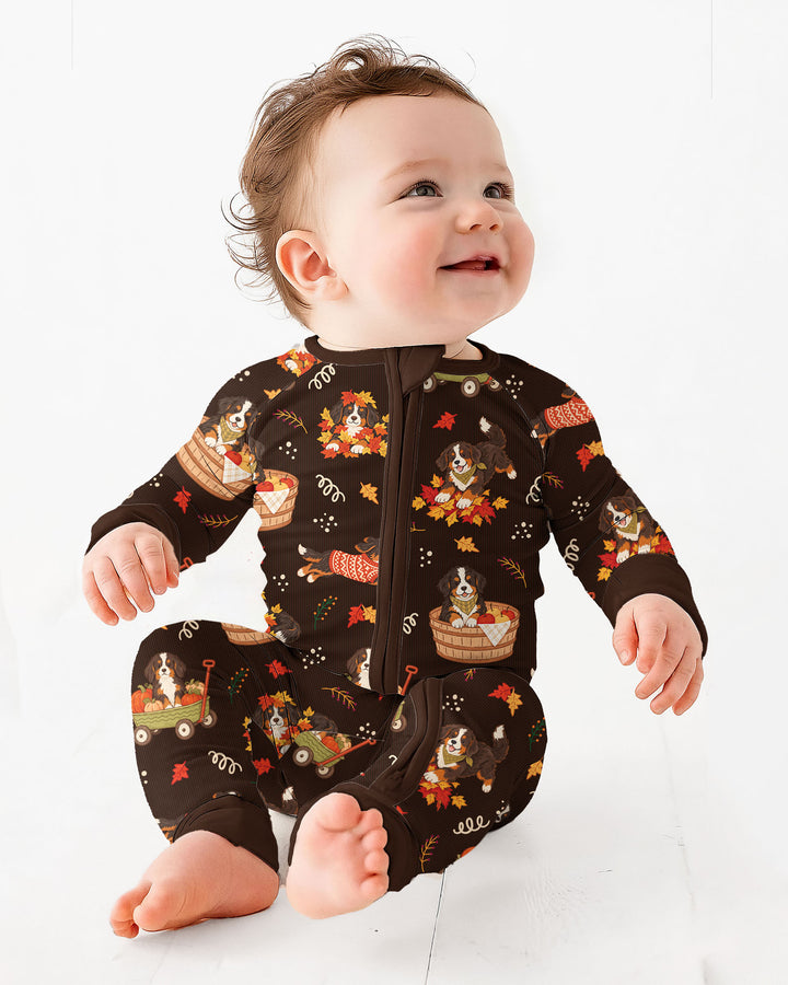 Fall Dogs Playing in Leaves Bamboo Two Piece Long Sleeve Pajama Set