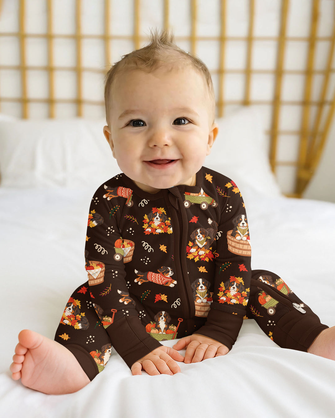 Fall Dogs Playing in Leaves Bamboo Two Piece Long Sleeve Pajama Set