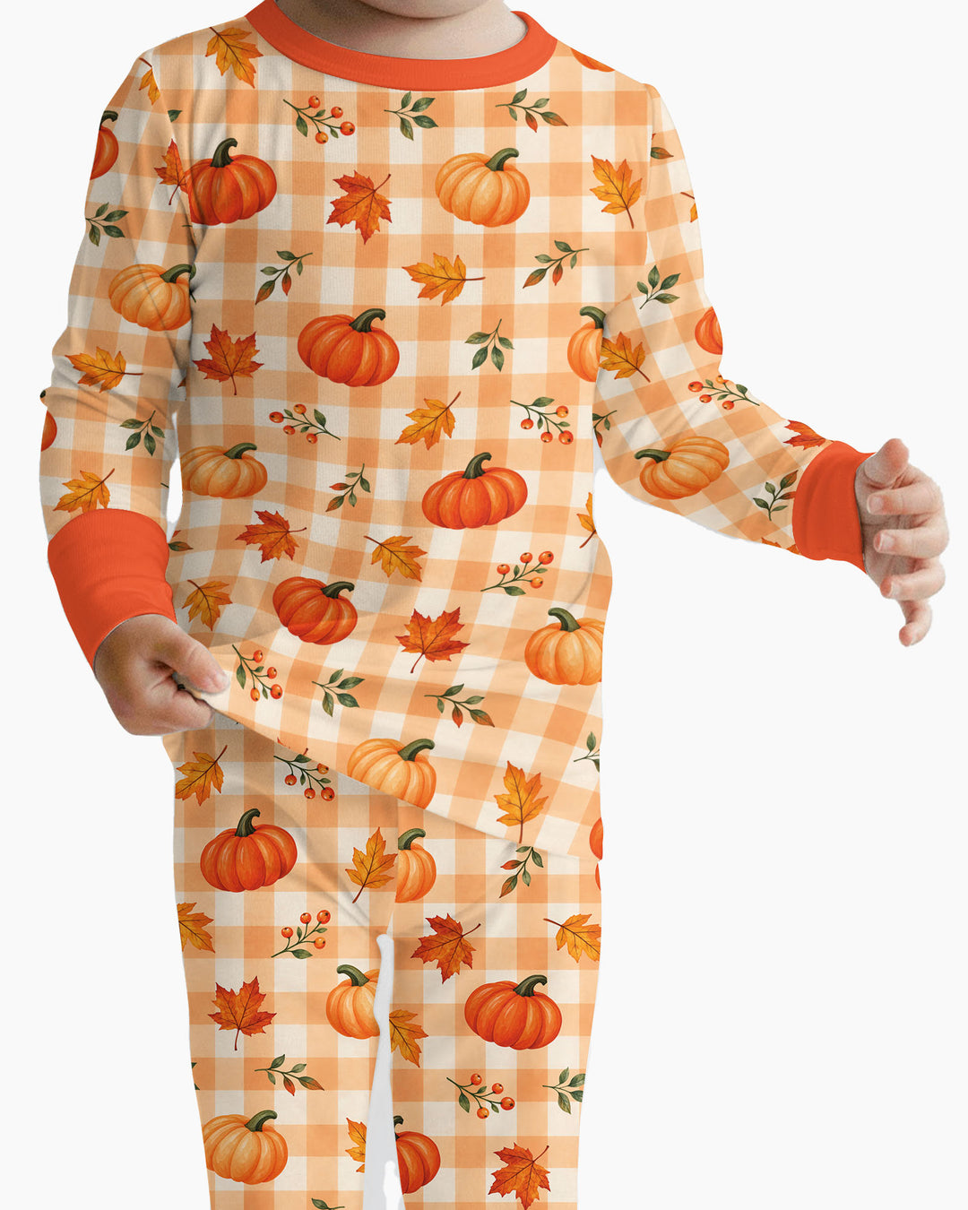 Cute Fall Pumpkin Leaves Gingham Bamboo Two Piece Long Sleeve Pajama Set