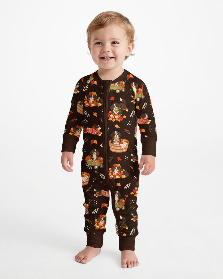 Fall Dogs Playing in Leaves Bamboo Two Piece Long Sleeve Pajama Set