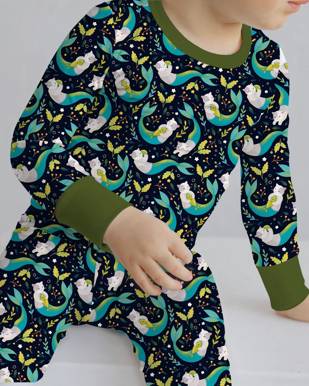 Pijama de dos piezas de bambú de manga larga Midnight Mermaid Cats