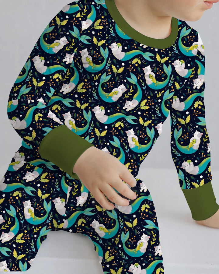Pijama de dos piezas de bambú de manga larga Midnight Mermaid Cats