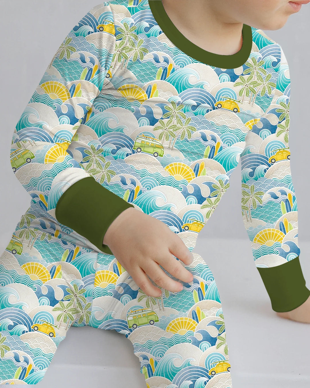 Conjunto de pijama de dos piezas de manga larga de bambú con olas y olas para viaje por la costa