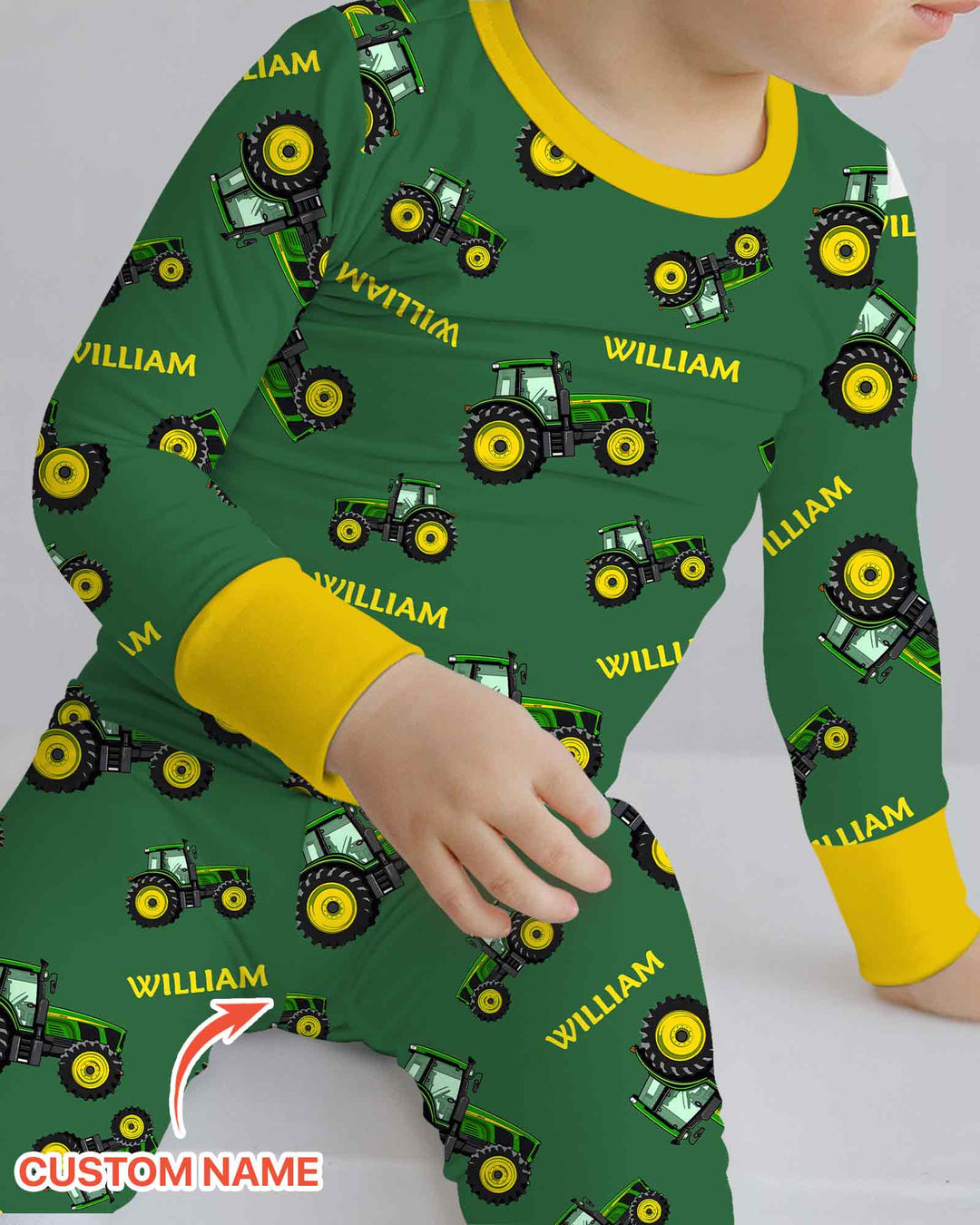 Conjunto de pijama de dos piezas de bambú de manga larga para papá y yo con tractores verdes y nombre personalizado