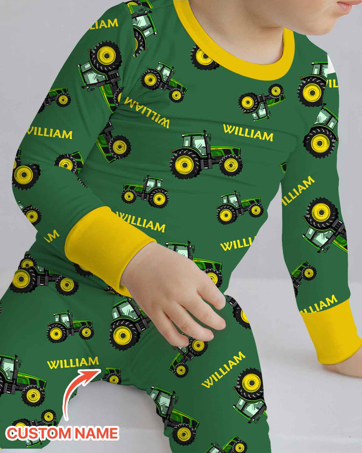 Conjunto de pijama de dos piezas de bambú de manga larga para papá y yo con tractores verdes y nombre personalizado