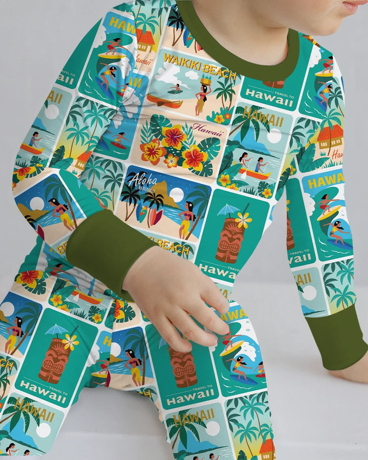 Aloha Postcard Paradise Bamboo Two Piece Long Sleeve Pajama Set