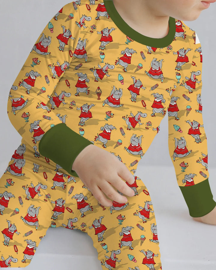 Dancing Hippo Treats Bamboo Two Piece Long Sleeve Pajama Set