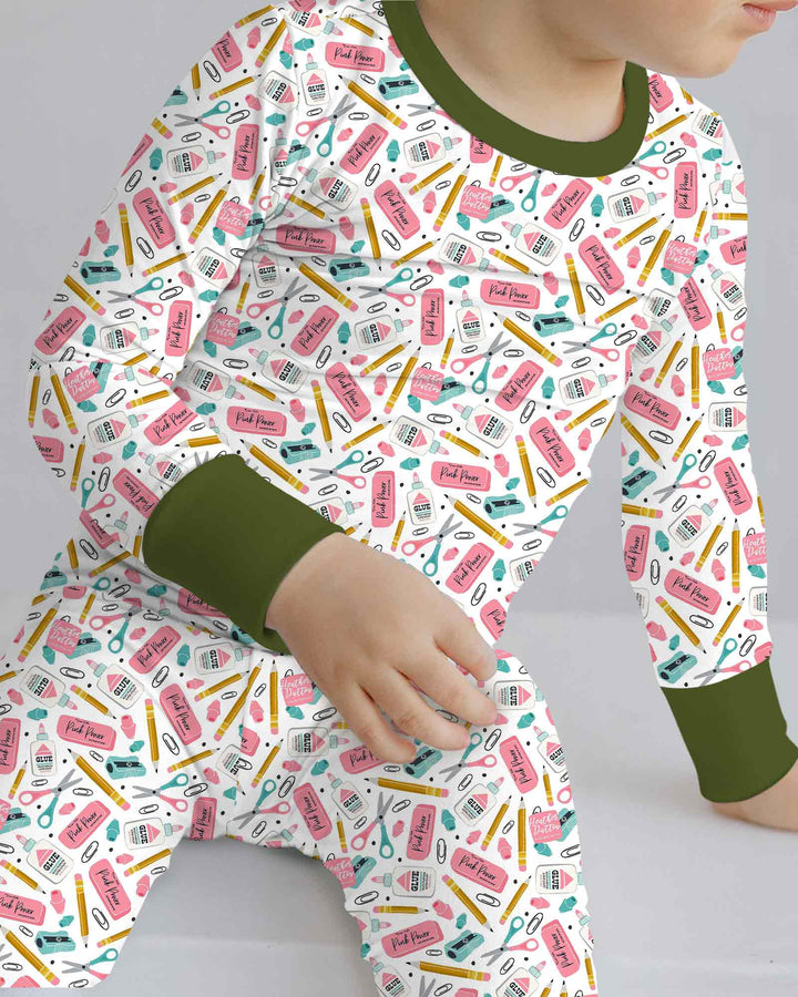 Pink Power School Supplies Bamboo Two Piece Long Sleeve Pajama Set