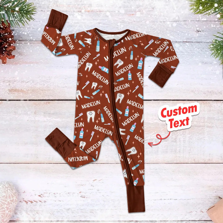 Brushing Teeth Custom Name Convertible Zippered Romper - Zumbamboo