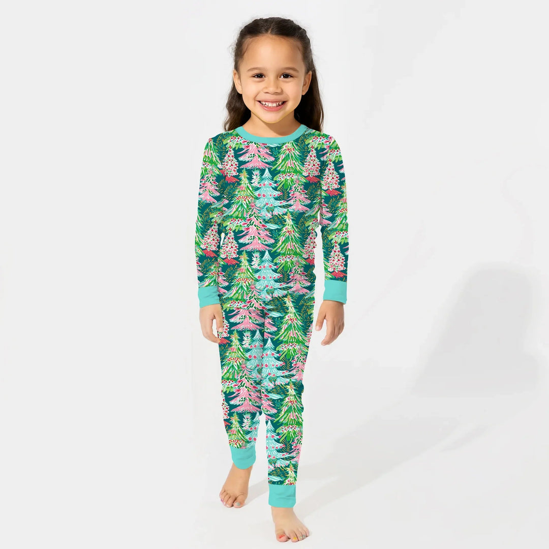 Brushstroke Merry Trees Two Piece Long Sleeve Pajama Set - Zumbamboo