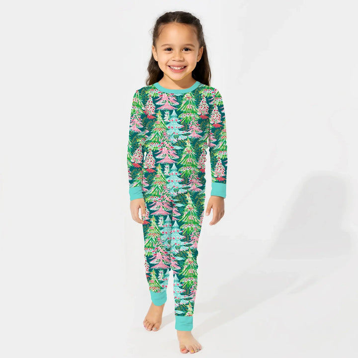 Brushstroke Merry Trees Two Piece Long Sleeve Pajama Set - Zumbamboo