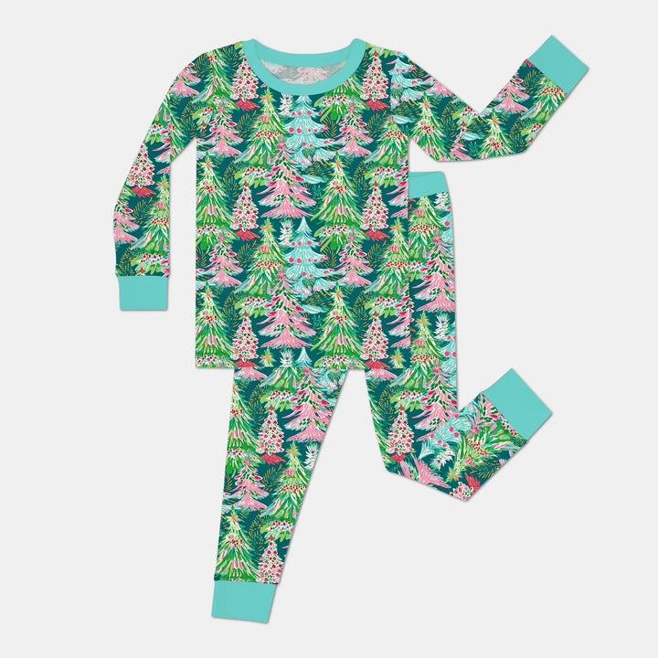 Brushstroke Merry Trees Two Piece Long Sleeve Pajama Set - Zumbamboo
