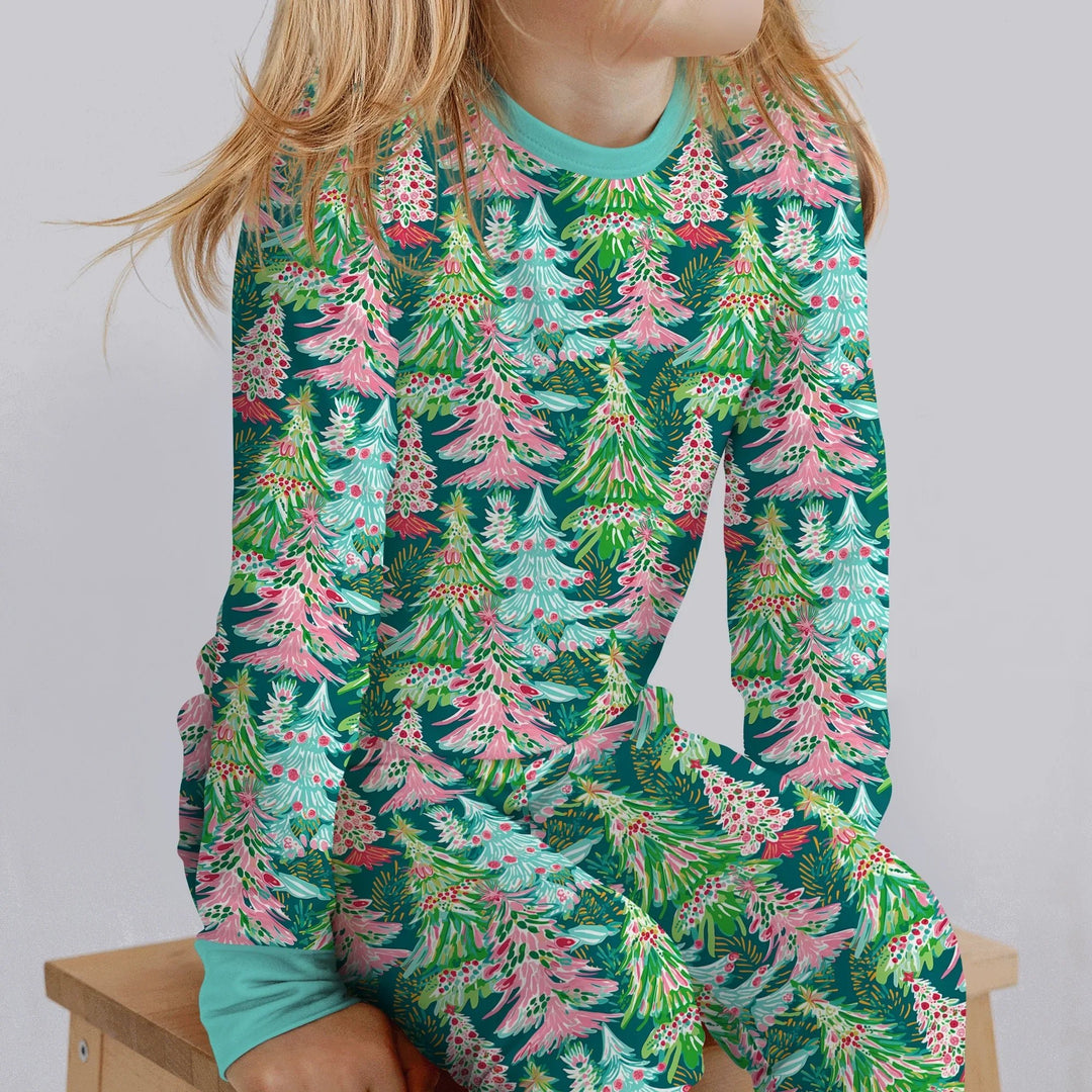 Brushstroke Merry Trees Two Piece Long Sleeve Pajama Set - Zumbamboo