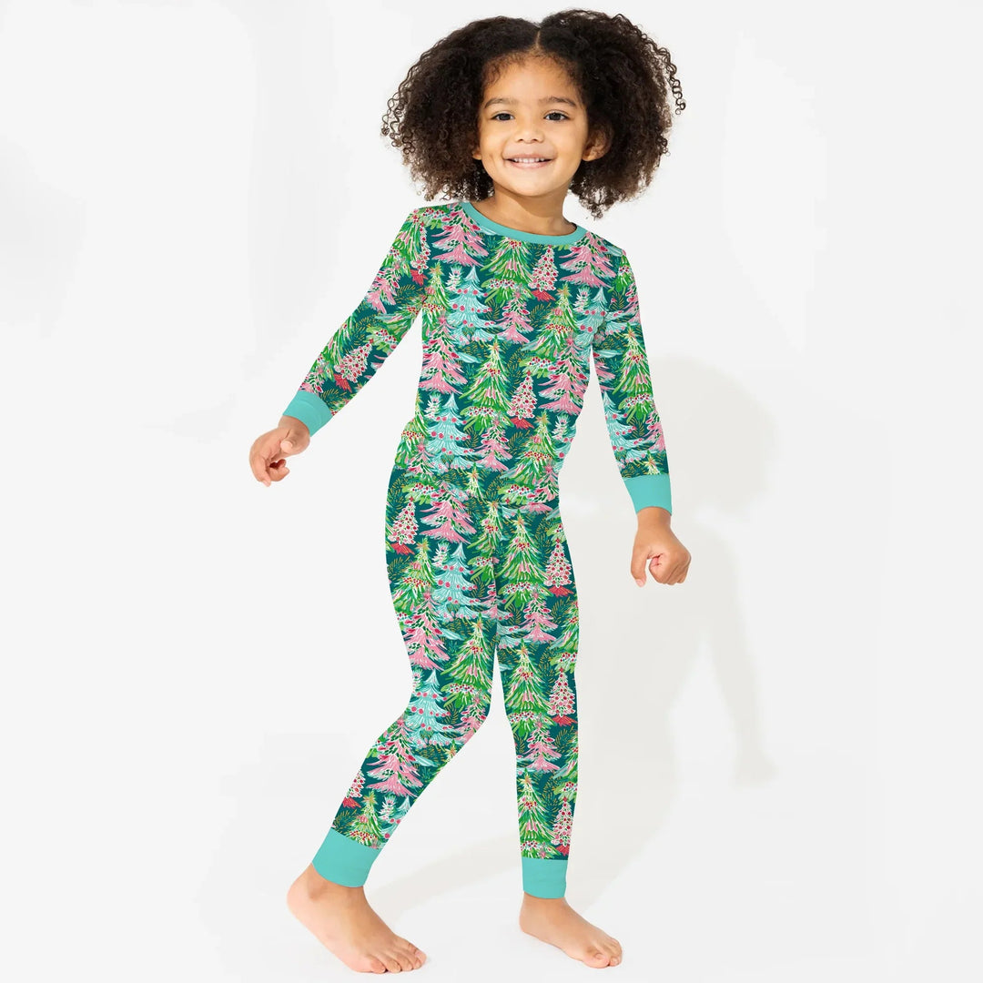 Brushstroke Merry Trees Two Piece Long Sleeve Pajama Set - Zumbamboo
