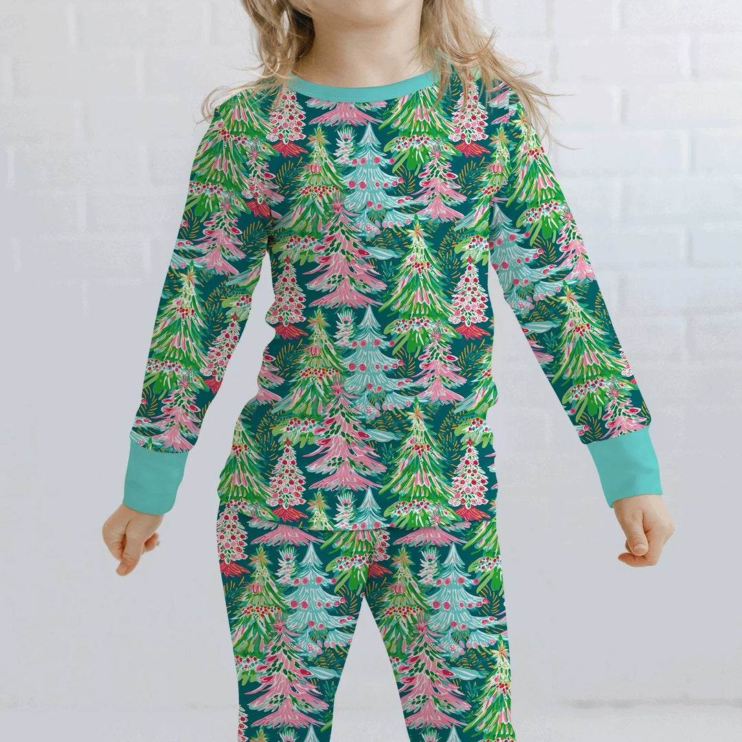 Brushstroke Merry Trees Two Piece Long Sleeve Pajama Set - Zumbamboo