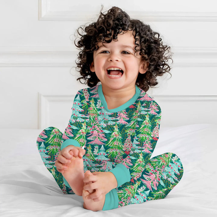 Brushstroke Merry Trees Two Piece Long Sleeve Pajama Set - Zumbamboo