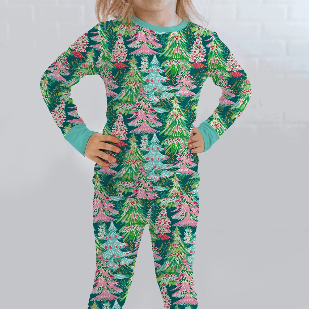 Brushstroke Merry Trees Two Piece Long Sleeve Pajama Set - Zumbamboo